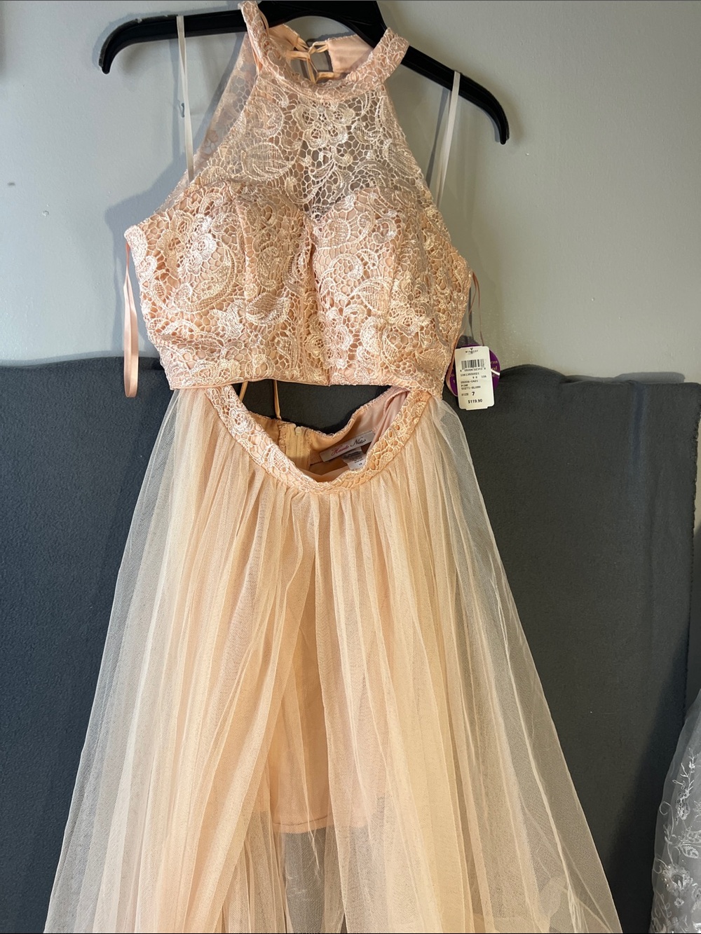 Lace Halter Prom Dress in Blush Pink